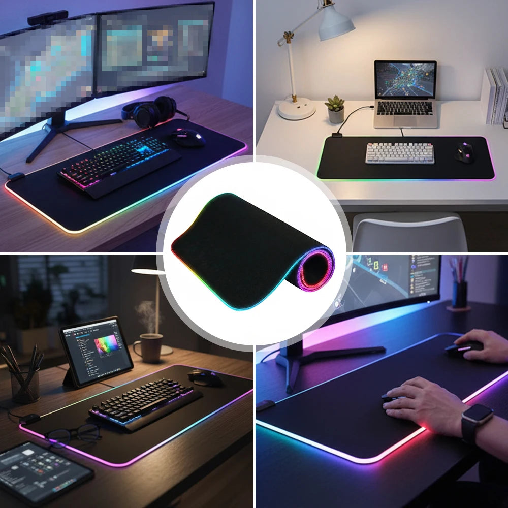 Large RGB Gaming Mouse Pad USB Powered LED Light Up Desk Mat Non‑Slip Rubber Base with Multiple Light Modes for PC Game Office Desktop