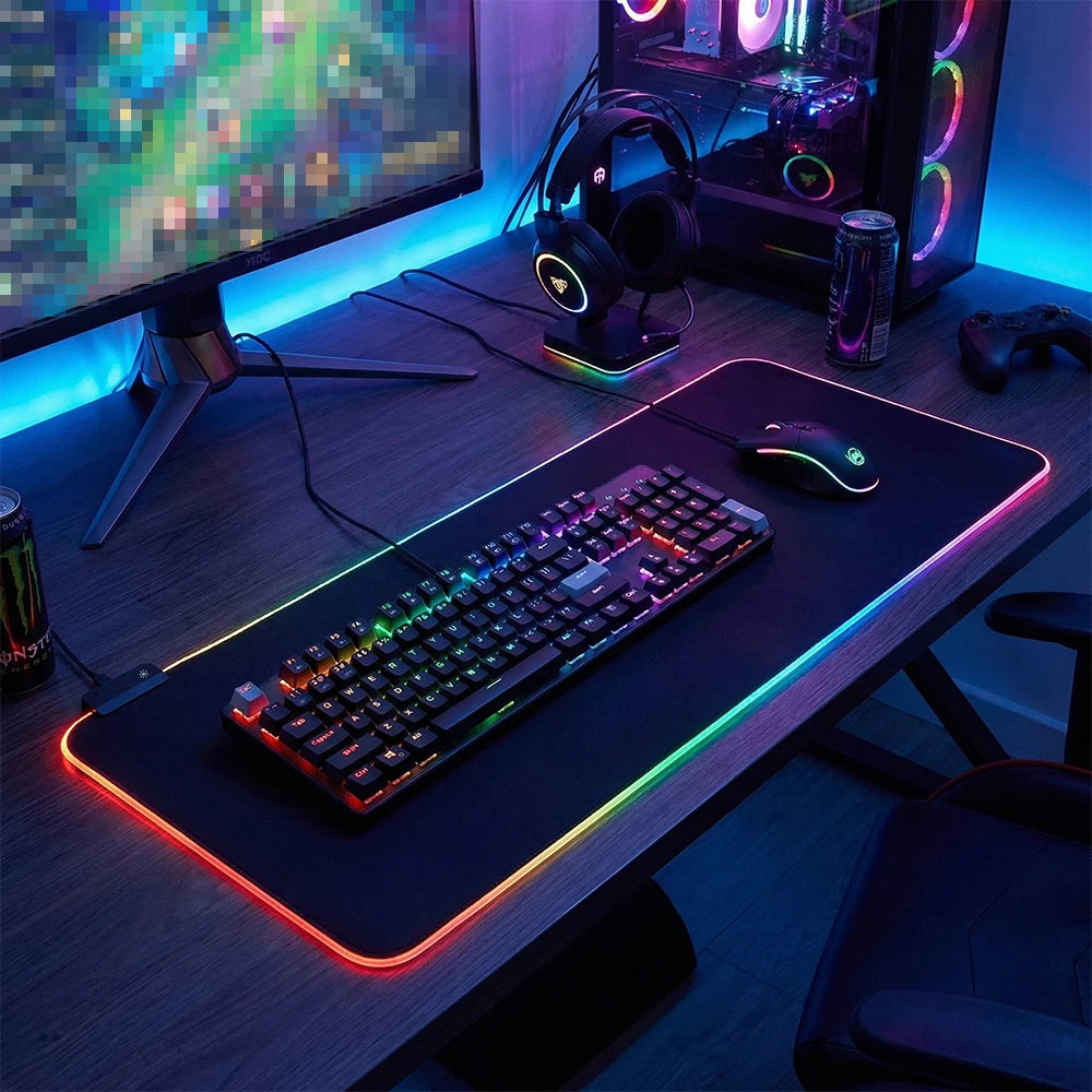 Large RGB Gaming Mouse Pad USB Powered LED Light Up Desk Mat Non‑Slip Rubber Base with Multiple Light Modes for PC Game Office Desktop