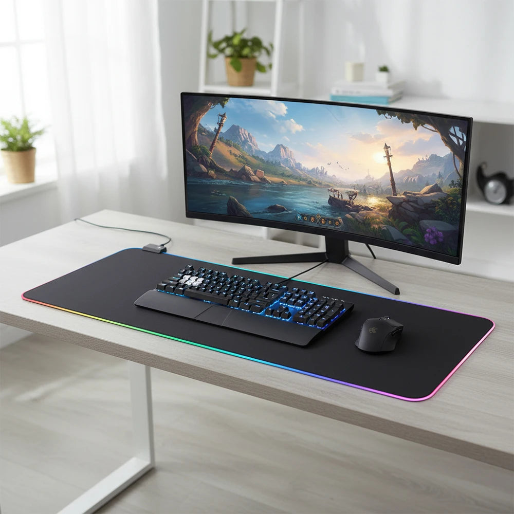 Large RGB Gaming Mouse Pad USB Powered LED Light Up Desk Mat Non‑Slip Rubber Base with Multiple Light Modes for PC Game Office Desktop