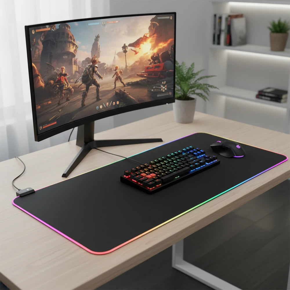 Large RGB Gaming Mouse Pad USB Powered LED Light Up Desk Mat Non‑Slip Rubber Base with Multiple Light Modes for PC Game Office Desktop