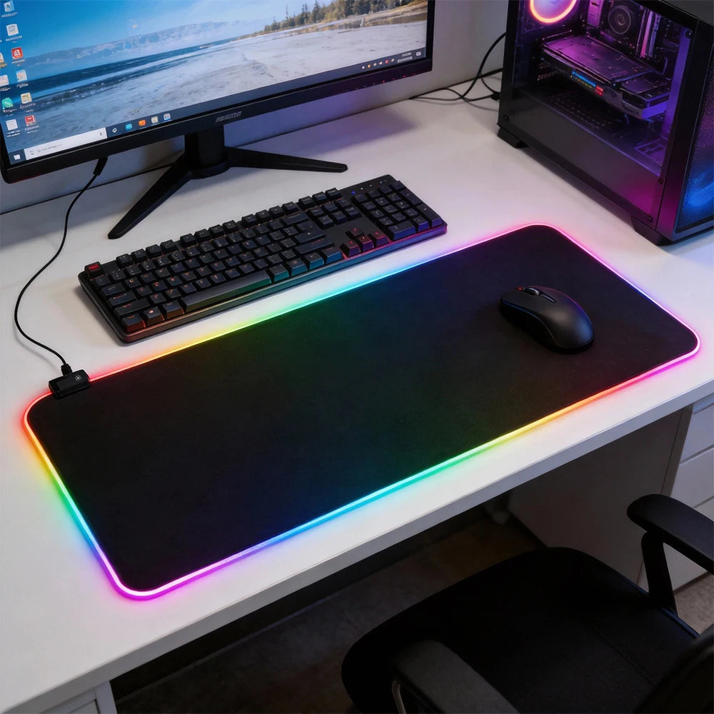 Large RGB Gaming Mouse Pad USB Powered LED Light Up Desk Mat Non‑Slip Rubber Base with Multiple Light Modes for PC Game Office Desktop